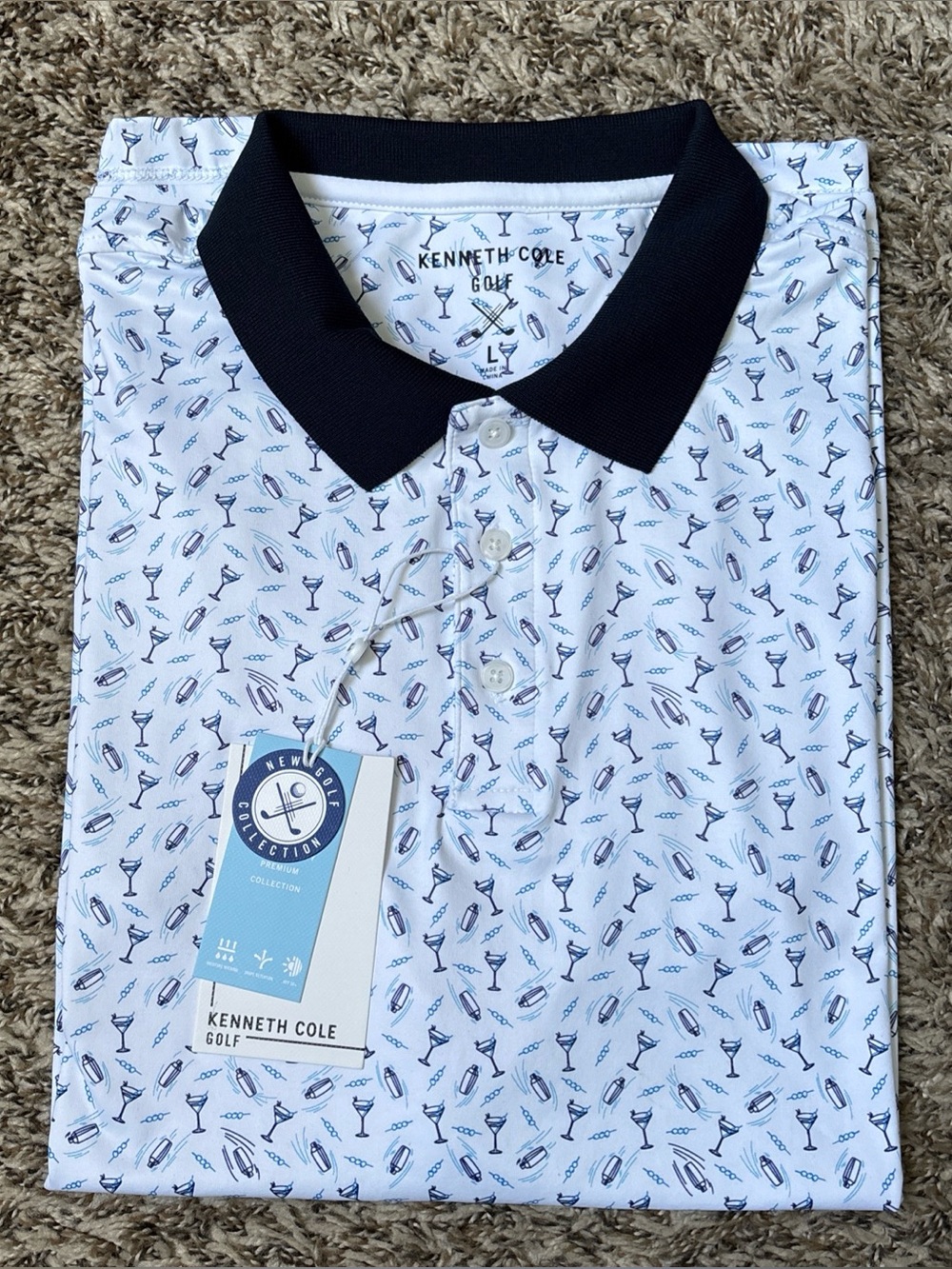 Kenneth Cole White Polo with Navy Collar and Cocktail Print